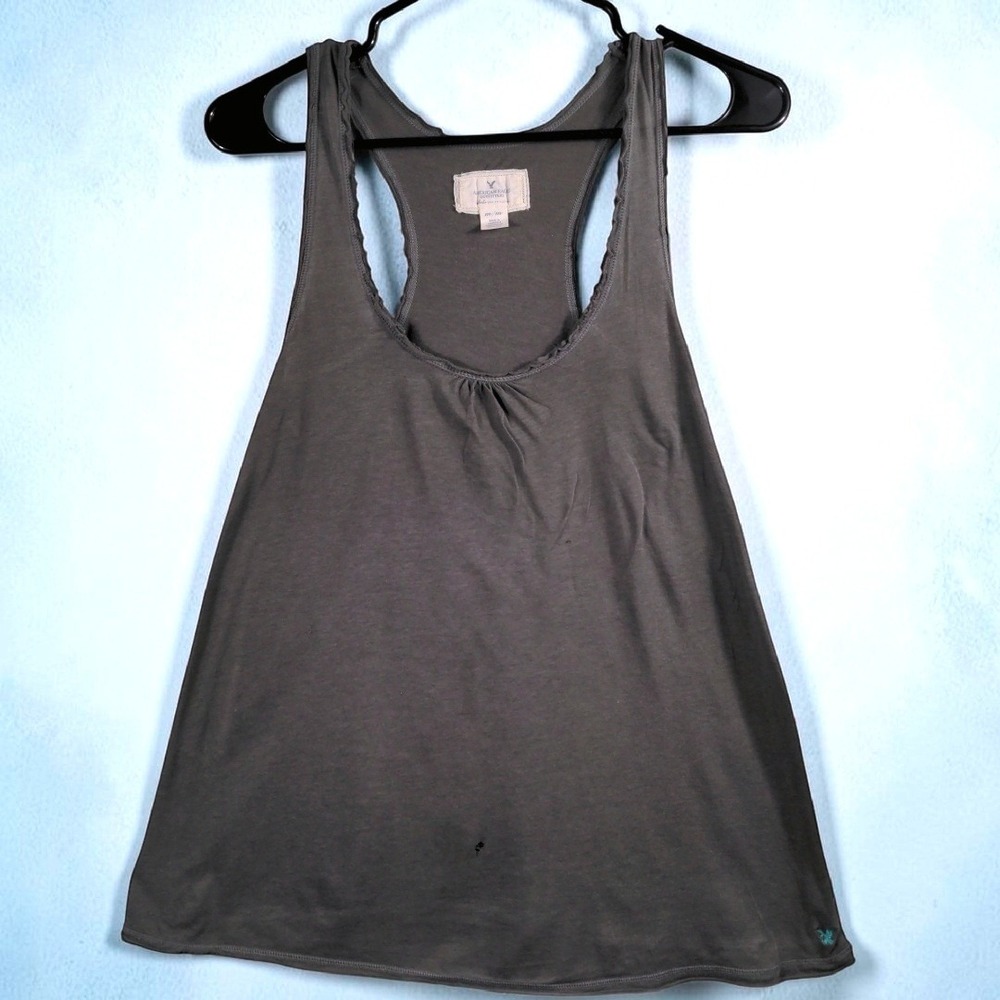 American Eagle Y2K Racerback Tank Top Womens Medium Gray Cotton Modal Ruched - Picture 3 of 12